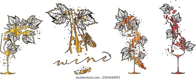 Colorful wine designs - Collection of wine glasses. Sketch vector illustration. Hand drawn elements for invitation cards, advertising banners and menus. Wine glasses with splashing wine.