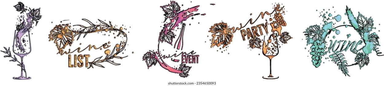Colorful wine designs - Collection of wine glasses. Sketch vector illustration. Hand drawn elements for invitation cards, advertising banners and menus. Wine glasses with splashing wine.