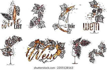 Colorful wine designs - Collection of wine glasses. Sketch vector illustration. Hand drawn elements for invitation cards, advertising banners and menus. Wine glasses with splashing wine.
