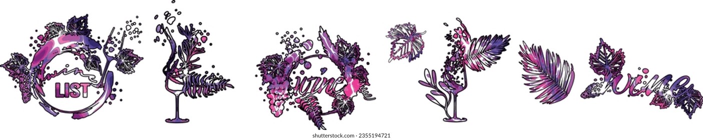 Colorful wine designs - Collection of wine glasses. Sketch vector illustration. Hand drawn elements for invitation cards, advertising banners and menus. Wine glasses with splashing wine.
