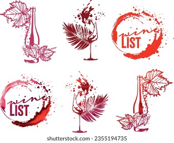 Coloridos diseños de vino - Colección de copas de vino. Esbozar ilustración vectorial. Elementos dibujados a mano para tarjetas de invitación, banners publicitarios y menús. Gafas de vino con vino que salpica.