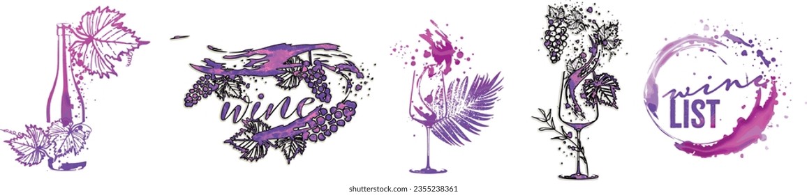 Colorful wine designs - Collection of wine glasses. Sketch vector illustration. Hand drawn elements for invitation cards, advertising banners and menus. Wine glasses with splashing wine.