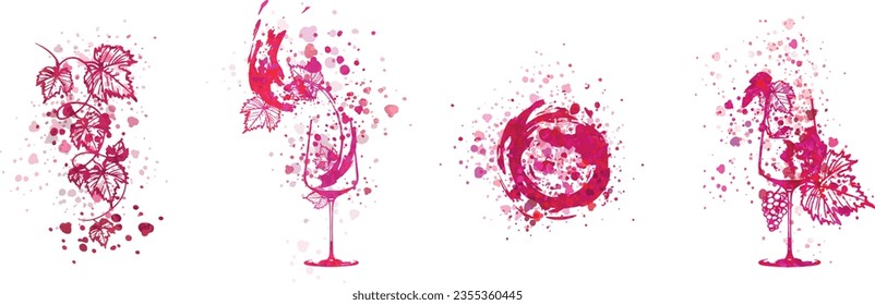 Colorful wine designs - Collection of wine glasses. Sketch vector illustration. Hand drawn elements for invitation cards, advertising banners and menus. Wine glasses with splashing wine.