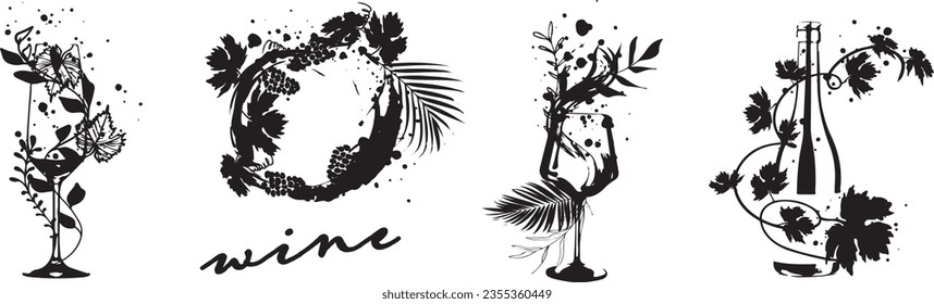 Colorful wine designs - Collection of wine glasses. Sketch vector illustration. Hand drawn elements for invitation cards, advertising banners and menus. Wine glasses with splashing wine.