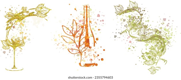 Colorful wine designs - Collection of wine glasses. Sketch vector illustration. Hand drawn elements for invitation cards, advertising banners and menus. Wine glasses with splashing wine.