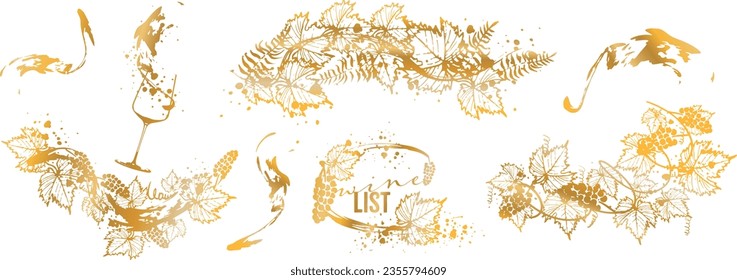 Colorful wine designs - Collection of wine glasses. Sketch vector illustration. Hand drawn elements for invitation cards, advertising banners and menus. Wine glasses with splashing wine.