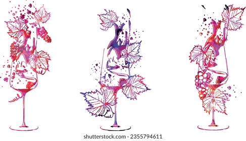 Colorful wine designs - Collection of wine glasses. Sketch vector illustration. Hand drawn elements for invitation cards, advertising banners and menus. Wine glasses with splashing wine.