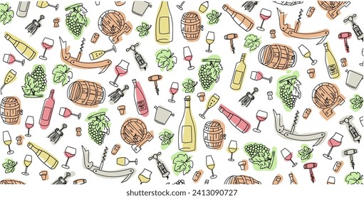 colorful wine elements hand drawn, doodle and vector illustration icons set