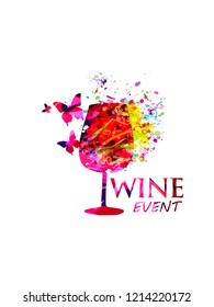 Colorful wine glass background flat vector illustration. Party flyer, wine tasting event, wine festival and celebrations, restaurant poster design for brochure, invitation card, menu, promotion banner