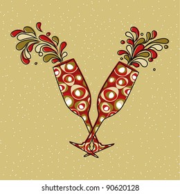 colorful  wine glass splash explosion isolated on snow flakes background for New year, Christmas & other occasions.