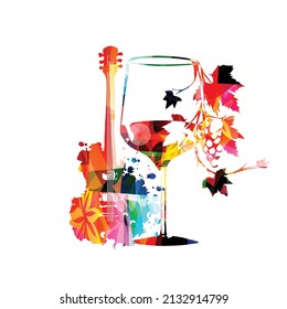 Vidrio de vino colorido con ilustración vectorial de vid y guitarra. Acto de degustación de vinos, festival de vinos, celebraciones, afiche del restaurante. Diseño de copas de vino para folletos, tarjeta de invitación, menú, promoción