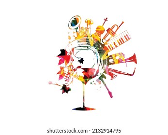 Colorful wine glass with vine and musical instruments vector illustration. Wine tasting event, wine festival, celebrations, restaurant poster. Design for brochure, invitation card, menu, promotion