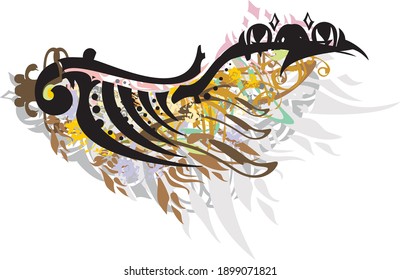 Colorful wing splashes on the white. Elegant skeleton wing, formed by splashes of feathers, floral and golden motifs, decorative elements for your ideas, prints, tattoos, textile, wallpaper, etc.