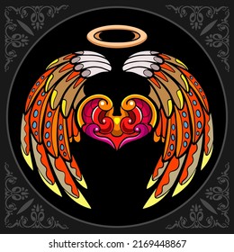 Colorful Winged heart zentangle art. isolated on a black background.