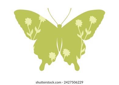 Colorful winged insect butterfly with wild herbs, meadow plants. Vector graphics.