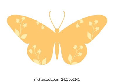 Colorful winged insect butterfly with wild herbs, meadow plants. Vector graphics.