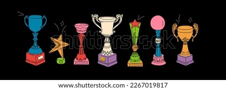 Colorful winner cups in different shapes. Vivid trophies for accomplishment. Award ceremony concept. Fancy game achievements vector illustrations on dark backdrop. All items are isolated