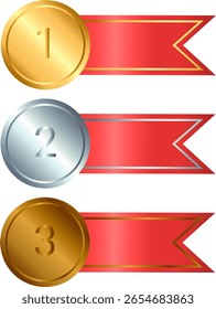 Colorful winner icon set featuring gold, silver, and bronze medals with red ribbons