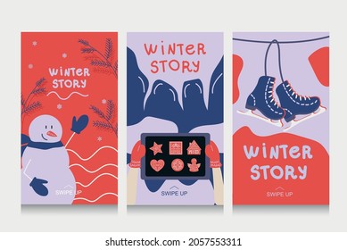 Colorful winter banners with falling snowflakes, snowy trees. Set of abstract winter backgrounds for social media stories. Use for event invitation, discount voucher, ad. Vector eps 10