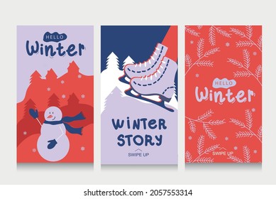 Colorful winter banners with falling snowflakes, snowy trees. Set of abstract winter backgrounds for social media stories. Use for event invitation, discount voucher, ad. Vector eps 10