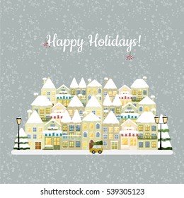 Colorful winter city. Apartments For Rent / Sale, Real Estate. Cute buildings with street lamps and trees. Template for Christmas card. Snowfall