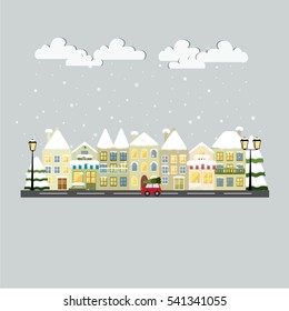 Colorful winter city. Apartments For Rent / Sale, Real Estate. Cute buildings with street lamps and trees. Template for Christmas card. Snowfall