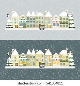 Colorful winter city. Apartments For Rent / Sale, Real Estate. Cute buildings with street lamps and trees. Template for Christmas card. Snowfall