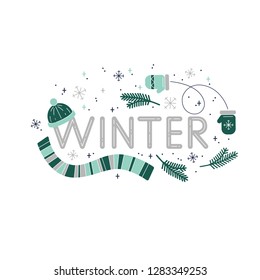 Colorful winter clothes in flat. Use for print design, postcard, surface design, gift, greeting cards.