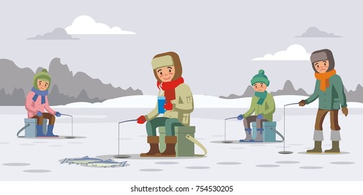 Colorful winter fishing concept with fishermen catch fish using rod on ice lake vector illustration