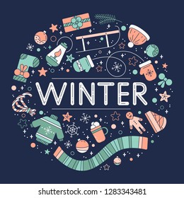 Colorful winter flat elements in circle. Basic holiday symbols set. Use for print design, surface design, gift, greeting cards.