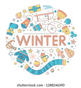 Colorful winter flat elements in circle. Basic holiday symbols set. Use for print design, surface design, gift, greeting cards