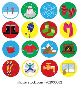 Colorful winter flat icons, Sixteen winter flat icons, Vector illustration, Cartoon flat icons, Flat icons with winter theme 