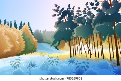 Colorful winter forest landscape at sunrise vector illustration