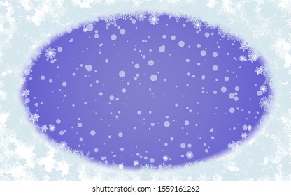 Colorful winter frozen banner with falling snowflakes. Frame made of hoarfrost and frozen snow in the shape of an oval. Use for event invitation, discount voucher, advertising. Vector illustration