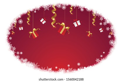 Colorful winter frozen banner with red and white Christmas gifts and place for text. Frame made of hoarfrost and frozen snow in the shape of an oval. Use for event invitation, discount voucher