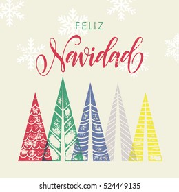 Colorful winter holiday spanish greeting card. Feliz Navidad Merry Christmas in Spain text Christmas tree vector calligraphic lettering. Merry Christmas modern greeting card with pine tree.