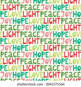 Colorful Winter Holidays Christmas Hand-Drawn Letteing Vector Seamless Pattern. Words Peace, Joy Love, Light, Hope. Sans Serif Minimal Scandi Cutout Background. Linocut Backdrop