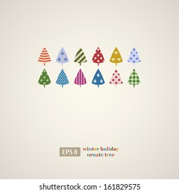 Colorful winter holidays trees frame. Vector illustration. 