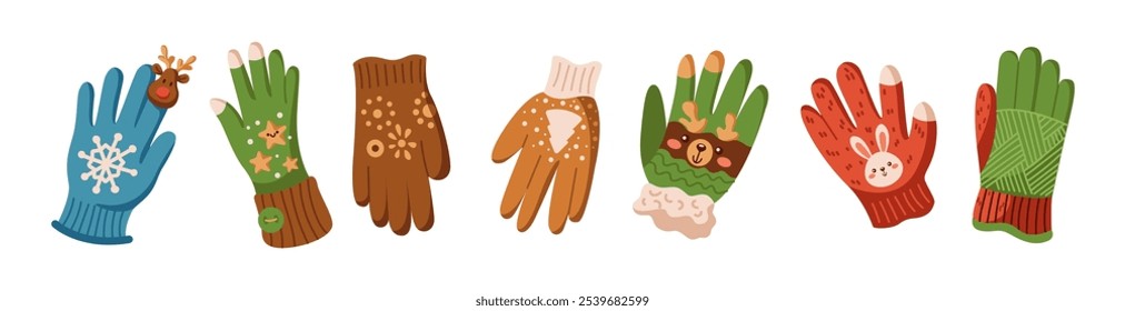 Coloridos guantes de punto de invierno con patrones de Navidades de color plano conjunto de objetos vectoriales. Pack de ilustraciones de accesorios de mano cálidos divertidos en blanco