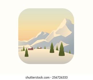 Colorful winter landscape with mountains and trees.