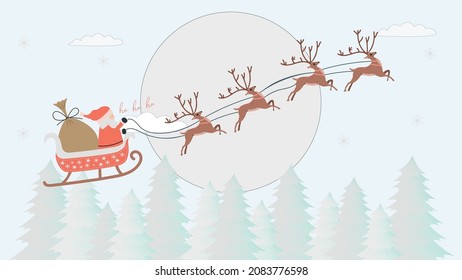 Colorful Winter landscape with Santa Claus, reindeer and Christmas trees