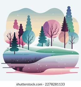 A colorful winter landscape with snow-covered trees, frozen lakes, and clear skies
