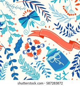 Colorful winter natural seamless pattern with different plants bow ribbon and gift on white background vector illustration