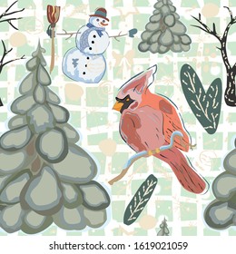 Colorful Winter Pattern with red bird of Cardinal and Snowman. Seamless Pattern. Vector Illustration.