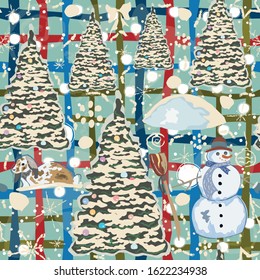 Colorful Winter Pattern with Snowman, Decorated Spruce trees and bunny in Snow. Winter Collection. Vector Illustration