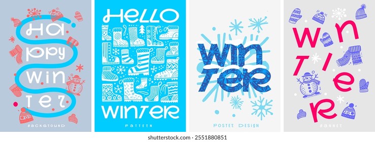 A colorful winter poster set featuring playful designs with mittens, hats, snowmen, boots, snowflakes, and creative typography, capturing a cheerful seasonal vibe.