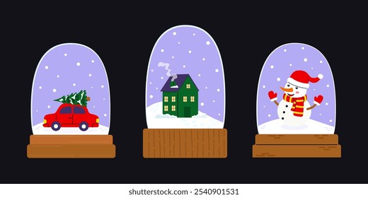 Colorful winter snow globes featuring a decorated car, a cozy house, and a cheerful snowman