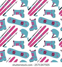 Colorful winter sports pattern featuring skis, snowboards, and accessories in playful design. Seamless pattern. vector.