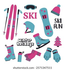 Colorful winter sports pattern featuring skis, snowboards, and accessories in playful design