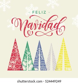 Colorful winter stamp holiday spanish greeting card. Feliz Navidad Merry Christmas in Spain text Christmas tree vector calligraphic lettering. Merry Christmas modern greeting card with pine tree